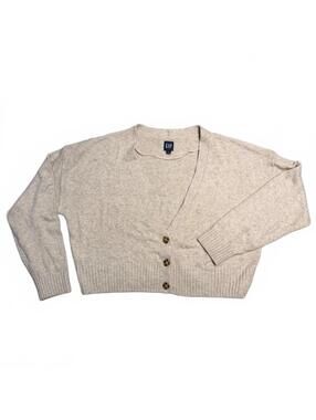 GAP Beige Cropped Button-Up Cardigan V-neck Sweater